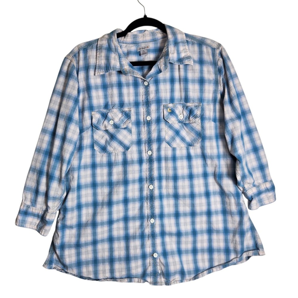 Carhartt Womens XL Blue Plaid Button Down 3/4 Roll Tab Sleeve Shirt
